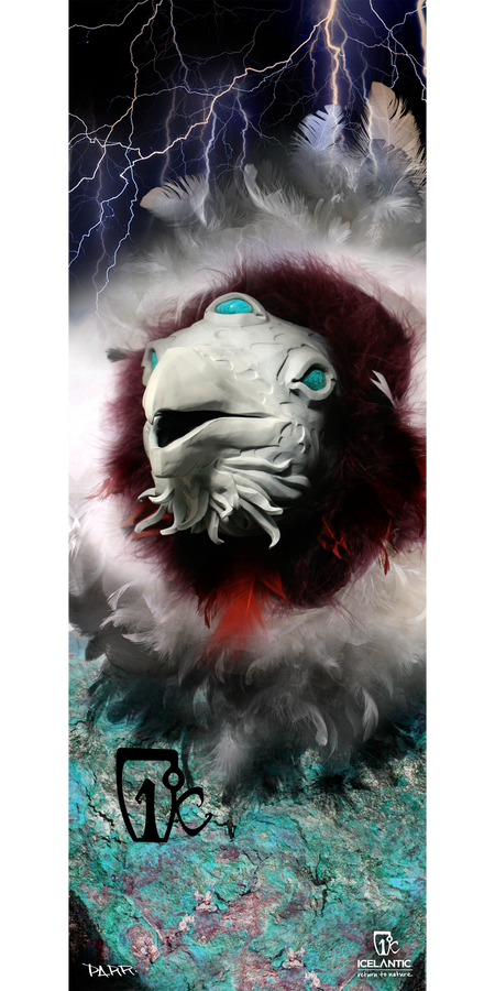 A mystical white creature with blue eyes and a feathered mane stands against a stormy, lightning-filled sky above rocky terrain. The image, titled "14/15 Seeker Fine Art Print" by Icelantic, features stylized text and the Icelantic logo at the bottom—perfect for ski topsheet art or fine art prints.