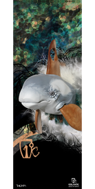 A stylized dolphin with wooden fins swims amid abstract, colorful underwater textures. Artistic brushstrokes and patterns fill the background, enhanced by a distinctive "VC" monogram and the Icelantic logo at the bottom. The 14/15 Shaman Fine Art Print by Icelantic is available as a fine art print or a stunning wrapped canvas, bringing vibrant aquatic artistry to any space.