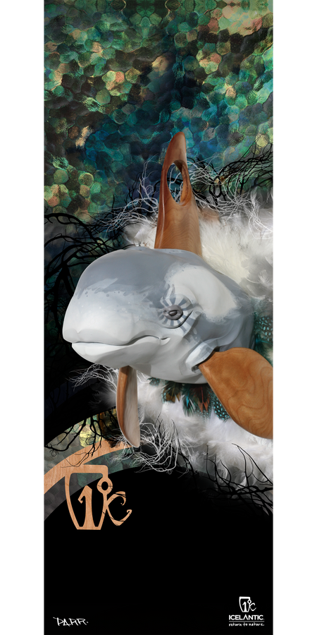 A stylized dolphin with wooden fins swims amid abstract, colorful underwater textures. Artistic brushstrokes and patterns fill the background, enhanced by a distinctive "VC" monogram and the Icelantic logo at the bottom. The 14/15 Shaman Fine Art Print by Icelantic is available as a fine art print or a stunning wrapped canvas, bringing vibrant aquatic artistry to any space.
