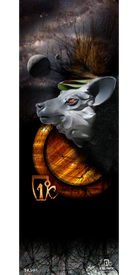 The 14/15 Vanguard Fine Art Print by Icelantic showcases a surreal depiction of a stylized gray canine with a luminous red eye, surrounded by ringed planetary shapes and set against a cosmic background. Intricate gold and orange geometric patterns add depth to the scene, while fine black tree branches and artist logos adorn the lower half. Available as both wrapped canvas and fine art prints, this striking piece from Icelantic transforms any space into a portal of imagination.