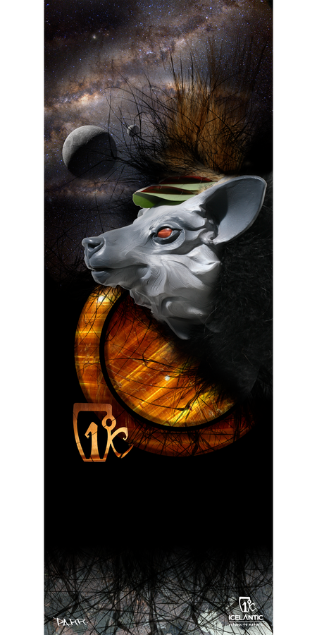 The 14/15 Vanguard Fine Art Print by Icelantic showcases a surreal depiction of a stylized gray canine with a luminous red eye, surrounded by ringed planetary shapes and set against a cosmic background. Intricate gold and orange geometric patterns add depth to the scene, while fine black tree branches and artist logos adorn the lower half. Available as both wrapped canvas and fine art prints, this striking piece from Icelantic transforms any space into a portal of imagination.