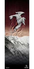 A figure in a white robe and bird mask leaps above snowy mountains and stylized wave patterns, with flames trailing behind, set against a wood-textured background. The 15/16 Da' Nollie Fine Art Print by Icelantic features striking giclee artwork with the Icelantic and artist logos at the bottom.