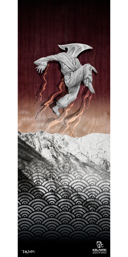 A figure in a white robe and bird mask leaps above snowy mountains and stylized wave patterns, with flames trailing behind, set against a wood-textured background. The 15/16 Da' Nollie Fine Art Print by Icelantic features striking giclee artwork with the Icelantic and artist logos at the bottom.