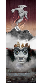Introducing the 15/16 Gemini Fine Art Print by Icelantic—a mesmerizing artwork featuring a white mask with green eyes, adorned with feathers and stones, resting beneath a misty mountain. Above, a mystical robed figure floats in a dramatic sky, while the Icelantic logo graces the bottom right corner. Available as exquisite fine art prints or as a stunning giclee print on wrapped canvas, this exceptional piece is perfect for elevating any collection.