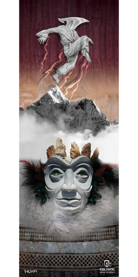 Introducing the 15/16 Gemini Fine Art Print by Icelantic—a mesmerizing artwork featuring a white mask with green eyes, adorned with feathers and stones, resting beneath a misty mountain. Above, a mystical robed figure floats in a dramatic sky, while the Icelantic logo graces the bottom right corner. Available as exquisite fine art prints or as a stunning giclee print on wrapped canvas, this exceptional piece is perfect for elevating any collection.
