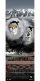 Two sculpture-like faces in fur-lined hoods appear above patterned fabric, set against a snowy mountain backdrop. One face wears wooden eyewear. The Icelantic logo and artist’s signature are featured in the bottom corner. Available as the 15/16 Gypsy Fine Art Print by Icelantic, this piece is offered as fine art prints or a giclee print on wrapped canvas, bringing striking artistry and alpine mystery to any space.
