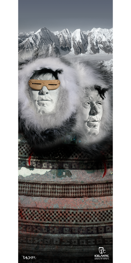 Two sculpture-like faces in fur-lined hoods appear above patterned fabric, set against a snowy mountain backdrop. One face wears wooden eyewear. The Icelantic logo and artist’s signature are featured in the bottom corner. Available as the 15/16 Gypsy Fine Art Print by Icelantic, this piece is offered as fine art prints or a giclee print on wrapped canvas, bringing striking artistry and alpine mystery to any space.