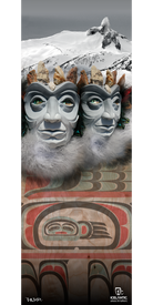 Two stylized masks with stone headdresses and fur collars appear in front of a carved and painted wooden panel, set against a snowy mountain peak beneath a cloudy sky. This striking scene is beautifully captured in the 15/16 Keeper Fine Art Print by Icelantic—a perfect piece to add depth and intrigue to any space.