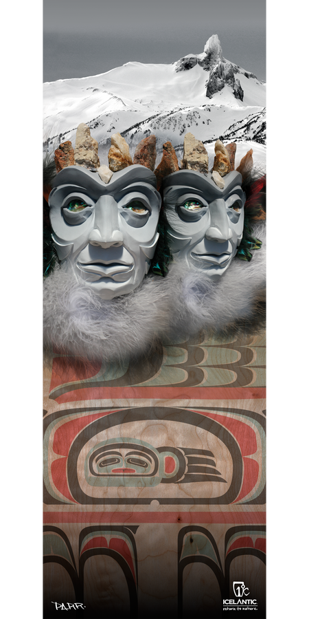 Two stylized masks with stone headdresses and fur collars appear in front of a carved and painted wooden panel, set against a snowy mountain peak beneath a cloudy sky. This striking scene is beautifully captured in the 15/16 Keeper Fine Art Print by Icelantic—a perfect piece to add depth and intrigue to any space.