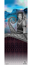 The Icelantic 15/16 Maiden Fine Art Print features a grayscale depiction of a Viking woman standing on an ornate longship, set against the dramatic backdrop of a mountain lake and aurora-lit sky. Bold Nordic-inspired red and black patterns accent the lower portion, creating a visually stunning scene—perfect for display as wrapped canvas or fine art prints.