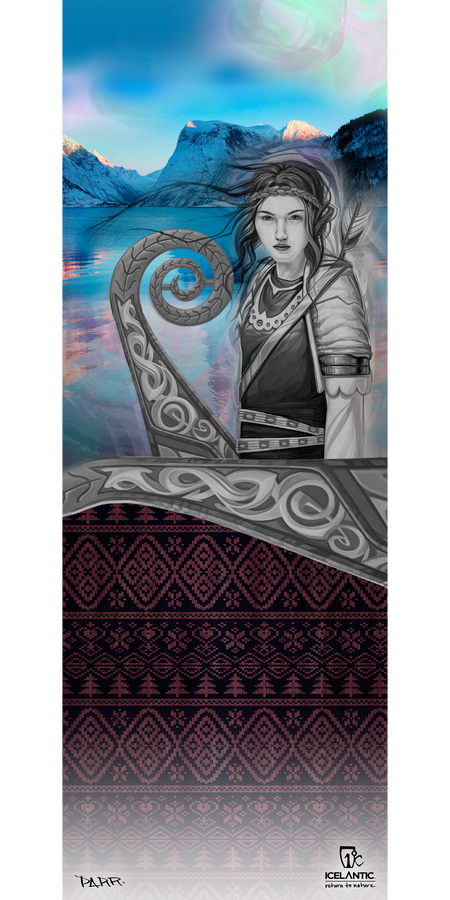 The Icelantic 15/16 Maiden Fine Art Print features a grayscale depiction of a Viking woman standing on an ornate longship, set against the dramatic backdrop of a mountain lake and aurora-lit sky. Bold Nordic-inspired red and black patterns accent the lower portion, creating a visually stunning scene—perfect for display as wrapped canvas or fine art prints.