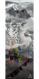 Three snow leopards gather before snowy mountains, with vivid prayer flags adding a splash of color to the grayscale scene. Featuring artistic accents and a subtle signature at the bottom, the 15/16 Nomad Fine Art Print by Icelantic is perfect for those seeking striking fine art. Ideal for display as a wrapped canvas or giclee print, this print brings elegant style to any space.