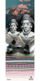 Two sculpted busts in traditional attire are set against colorful woven fabric and feathers, with dramatic mountain peaks and a pink-clouded sky beyond. The 15/16 Oracle Fine Art Print by Icelantic beautifully captures this captivating scene, bringing cultural heritage and vibrant landscapes to life as a stunning piece of wall art.