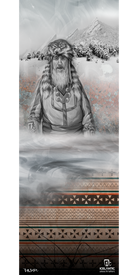 A grayscale illustration of an elderly person in fur clothing stands before snowy mountains, with mist and geometric patterns visible below. The Icelantic logo and text are featured at the bottom. This striking scene is available as the 15/16 Pioneer Fine Art Print by Icelantic, making it an elegant addition to any space.