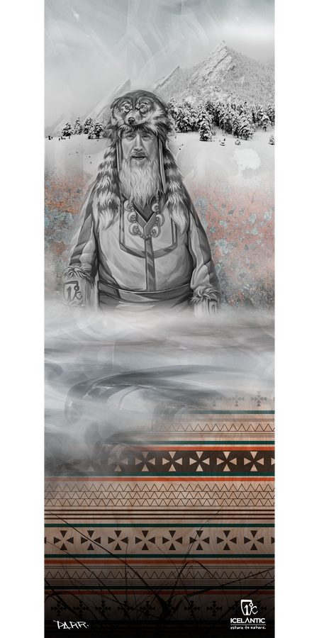 A grayscale illustration of an elderly person in fur clothing stands before snowy mountains, with mist and geometric patterns visible below. The Icelantic logo and text are featured at the bottom. This striking scene is available as the 15/16 Pioneer Fine Art Print by Icelantic, making it an elegant addition to any space.