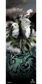 The 15/16 Shaman Fine Art Print by Icelantic showcases a surreal digital scene of two white birds with green feathers and human faces, soaring before snowy mountains under dramatic clouds, with abstract black swirling patterns anchoring the composition. Available as fine art prints or as a striking wrapped canvas, this piece brings a dreamlike touch to any space.