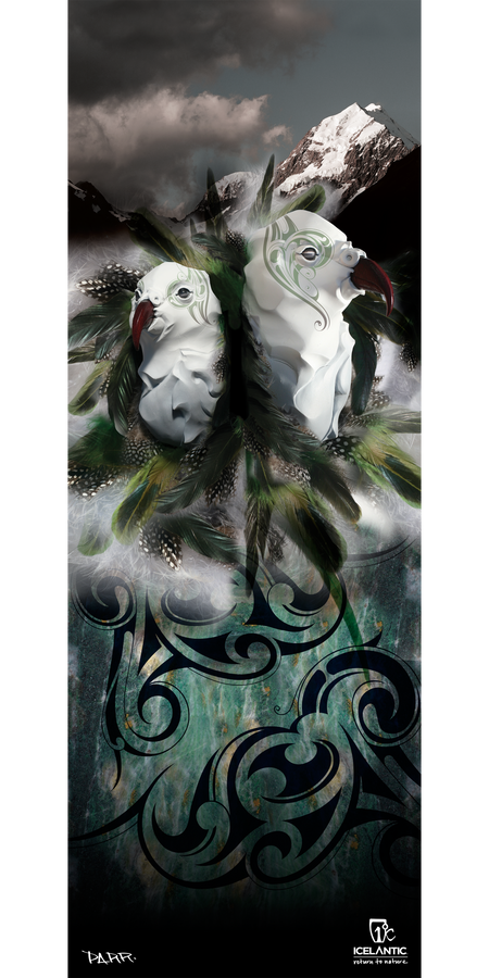 The 15/16 Shaman Fine Art Print by Icelantic showcases a surreal digital scene of two white birds with green feathers and human faces, soaring before snowy mountains under dramatic clouds, with abstract black swirling patterns anchoring the composition. Available as fine art prints or as a striking wrapped canvas, this piece brings a dreamlike touch to any space.