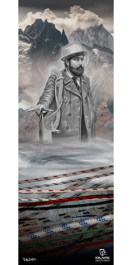 A bearded man in a coat and hat stands before snowy mountains, holding a rope. The lower section of the image displays vibrant woven textures, making the Icelantic 15/16 Vanguard Fine Art Print an eye-catching choice for fine art enthusiasts or as a striking giclee print to elevate your space.