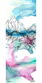 Introducing the 16/17 Maiden 101 Fine Art Print by Icelantic—a fluid and expressive abstract watercolor artwork depicting mountains with black line details, blending shades of blue, pink, and purple. Featuring the Icelantic logo at the bottom, this sophisticated piece is available as a giclee print or wrapped canvas for a refined fine art display.