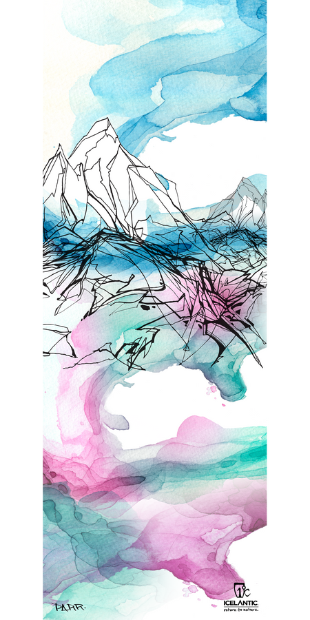 Introducing the 16/17 Maiden 101 Fine Art Print by Icelantic—a fluid and expressive abstract watercolor artwork depicting mountains with black line details, blending shades of blue, pink, and purple. Featuring the Icelantic logo at the bottom, this sophisticated piece is available as a giclee print or wrapped canvas for a refined fine art display.
