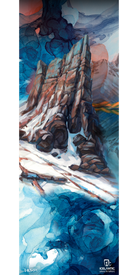 Experience the "16/17 Nomad 105 Fine Art Print" by Icelantic—an abstract watercolor depicting a rocky mountain peak with snow at its base, surrounded by swirling blue and white patterns. Available as fine art or giclee prints, this striking piece adds contemporary elegance to any space. The Icelantic logo is featured in the lower right corner.