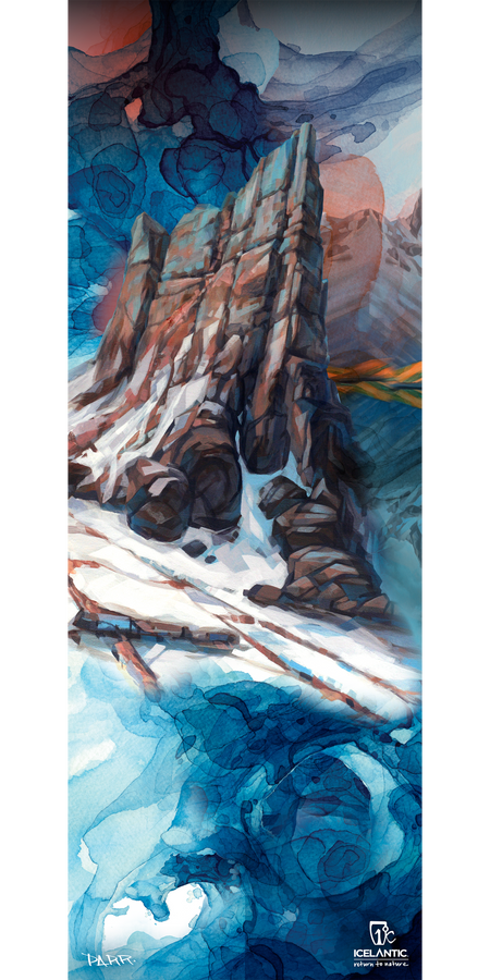 Experience the "16/17 Nomad 105 Fine Art Print" by Icelantic—an abstract watercolor depicting a rocky mountain peak with snow at its base, surrounded by swirling blue and white patterns. Available as fine art or giclee prints, this striking piece adds contemporary elegance to any space. The Icelantic logo is featured in the lower right corner.