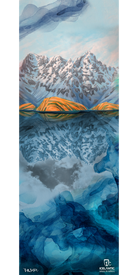 Experience the "16/17 Nomad 115 Fine Art Print" by Icelantic—an abstract painting of snowy mountains with golden hills reflected in a blue lake, accented by swirling blue shapes in the foreground. Available as fine art prints or on wrapped canvas, this artwork features the Icelantic logo and the artist's signature in the bottom section.