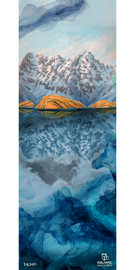 Experience the "16/17 Nomad 115 Fine Art Print" by Icelantic—an abstract painting of snowy mountains with golden hills reflected in a blue lake, accented by swirling blue shapes in the foreground. Available as fine art prints or on wrapped canvas, this artwork features the Icelantic logo and the artist's signature in the bottom section.