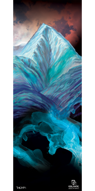 A stylized, icy mountain rises against a dramatic sky, with vibrant blue and teal abstract shapes flowing downward, reminiscent of water or ice. The image features the Icelantic logo at the bottom and is available as the 16/17 Nomad 125 Fine Art Print by Icelantic, offered as either fine art prints or a stunning giclee print on wrapped canvas.