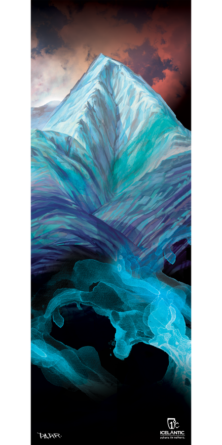 A stylized, icy mountain rises against a dramatic sky, with vibrant blue and teal abstract shapes flowing downward, reminiscent of water or ice. The image features the Icelantic logo at the bottom and is available as the 16/17 Nomad 125 Fine Art Print by Icelantic, offered as either fine art prints or a stunning giclee print on wrapped canvas.
