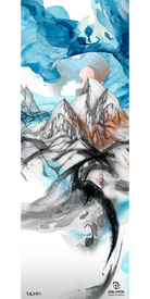 Experience the 16/17 Nomad 95 Fine Art Print by Icelantic, featuring a watercolor and ink depiction of snowy mountains, a swirling blue and orange sky, bold abstract dark lines in the foreground, and the Icelantic logo at the bottom right. Available as a high-quality giclee art print or stretched canvas, this vibrant piece brings striking fine art to your space.