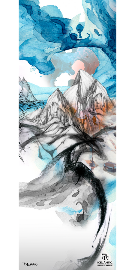 Experience the 16/17 Nomad 95 Fine Art Print by Icelantic, featuring a watercolor and ink depiction of snowy mountains, a swirling blue and orange sky, bold abstract dark lines in the foreground, and the Icelantic logo at the bottom right. Available as a high-quality giclee art print or stretched canvas, this vibrant piece brings striking fine art to your space.