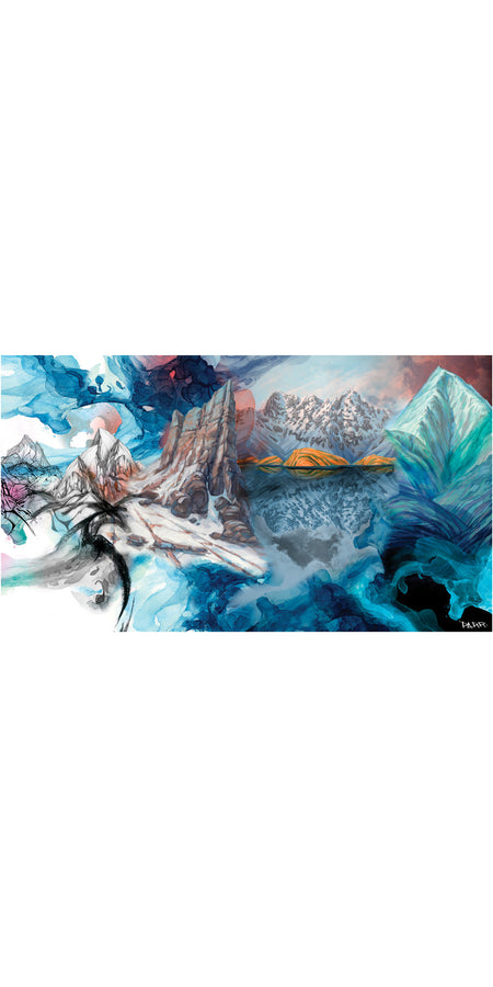 The Icelantic 16/17 Nomad Fine Art Print features an abstract landscape with jagged mountains, icy terrain, flowing water, and swirling blue, white, and pink hues that evoke a dreamlike, surreal atmosphere. Available as a stunning giclee print or wrapped canvas, this unique fine art piece is perfect for enhancing any space.
