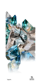 A cluster of blue, teal, and clear crystals appears on a white background in the Icelantic 16/17 Oracle 100 Fine Art Print, with the Icelantic logo and product name featured at the bottom. The abstract and reflective composition makes it an excellent option for fine art prints or wrapped canvas displays.