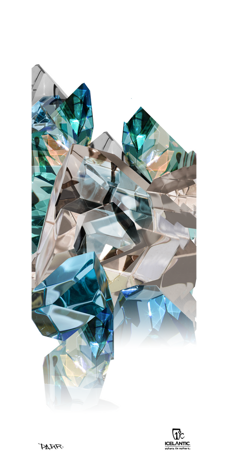 A cluster of blue, teal, and clear crystals appears on a white background in the Icelantic 16/17 Oracle 100 Fine Art Print, with the Icelantic logo and product name featured at the bottom. The abstract and reflective composition makes it an excellent option for fine art prints or wrapped canvas displays.