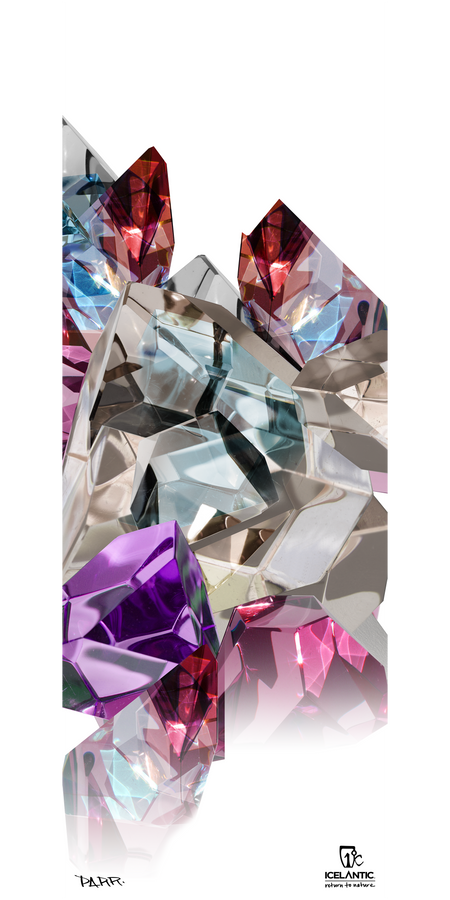 A vibrant digital artwork titled "16/17 Oracle 88 Fine Art Print" by Icelantic, showcasing colorful, faceted gemstones in shades of red, purple, blue, and clear. The design features the Icelantic logo at the bottom right and is available as a fine art print or as a stunning giclee art print on archival canvas for a vivid and lasting display.