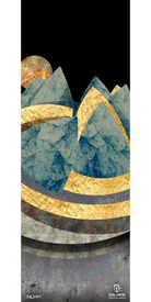 The Icelantic 16/17 Pioneer 109 Fine Art Print features abstract blue-gray mountains accented by golden, textured paths that wind gracefully across the composition. A round gold-and-red sun or moon adds a striking focal point in the background, while layered, stone-like bands create depth along the lower edge. The brand’s logo appears at the bottom right. Offered as a brilliant giclee print or wrapped canvas, this artwork lends sophisticated style to any room.