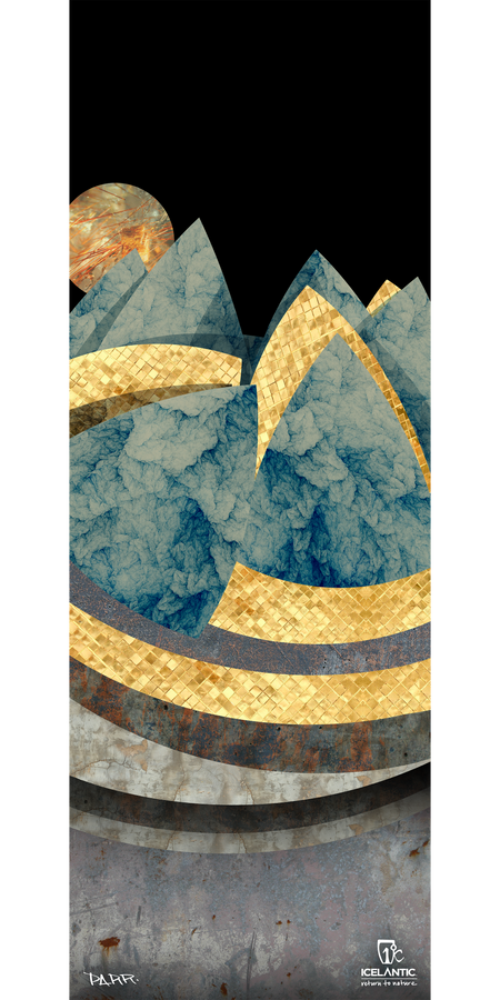 The Icelantic 16/17 Pioneer 109 Fine Art Print features abstract blue-gray mountains accented by golden, textured paths that wind gracefully across the composition. A round gold-and-red sun or moon adds a striking focal point in the background, while layered, stone-like bands create depth along the lower edge. The brand’s logo appears at the bottom right. Offered as a brilliant giclee print or wrapped canvas, this artwork lends sophisticated style to any room.
