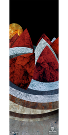Here is a revised version of the sentence using your product data: The 16/17 Pioneer 96 Fine Art Print by Icelantic features abstract art with red, gray, and white triangular shapes resembling mountains, a golden textured moon, and geometric curved patterns on a black background. Available as wrapped canvas or fine art prints, this piece includes the Icelantic brand logo and an artist signature at the bottom.