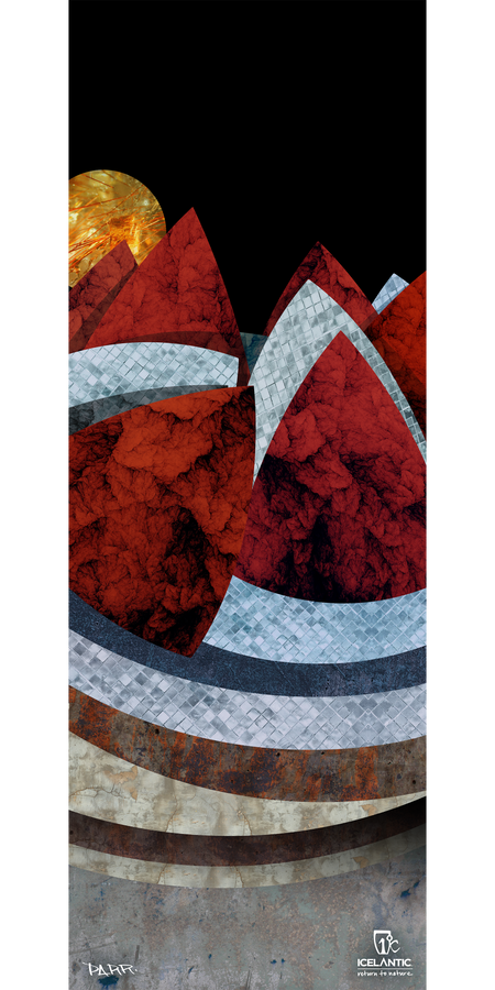 Here is a revised version of the sentence using your product data: The 16/17 Pioneer 96 Fine Art Print by Icelantic features abstract art with red, gray, and white triangular shapes resembling mountains, a golden textured moon, and geometric curved patterns on a black background. Available as wrapped canvas or fine art prints, this piece includes the Icelantic brand logo and an artist signature at the bottom.