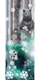 A bear stands in a snowy forest among pine trees, with large white snowflakes and abstract blue-green watercolor shapes overlaying the scene. The artwork, titled "16/17 Scout 75 Fine Art Print" by Icelantic, features the brand's logo at the bottom and is available as a fine art print or a giclee print on stretched canvas.