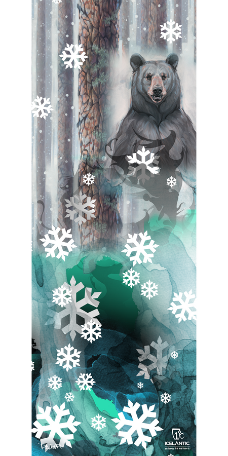 A bear stands in a snowy forest among pine trees, with large white snowflakes and abstract blue-green watercolor shapes overlaying the scene. The artwork, titled "16/17 Scout 75 Fine Art Print" by Icelantic, features the brand's logo at the bottom and is available as a fine art print or a giclee print on stretched canvas.