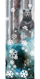 A majestic bear stands among tall pine trees in a snowy forest as large white snowflakes fall, set against an abstract blue and black pattern with the "Icelantic" logo at the bottom. The 16/17 Scout 85 Fine Art Print by Icelantic is available as a stunning giclee print or wrapped canvas, perfect for fine art collectors.