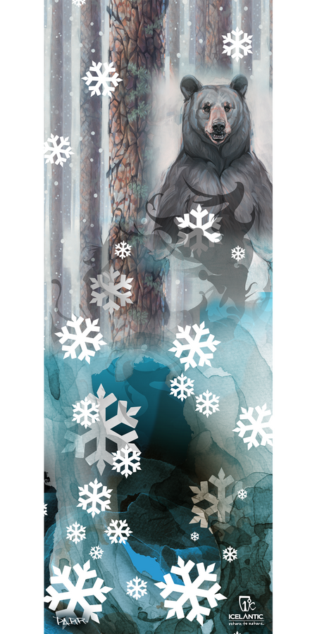 A majestic bear stands among tall pine trees in a snowy forest as large white snowflakes fall, set against an abstract blue and black pattern with the "Icelantic" logo at the bottom. The 16/17 Scout 85 Fine Art Print by Icelantic is available as a stunning giclee print or wrapped canvas, perfect for fine art collectors.