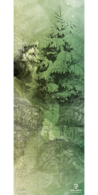 A watercolor-style illustration of a wolf beside a pine tree overlays a detailed topographic map in green and beige tones. The "16/17 Vanguard 107 Fine Art Print" by Icelantic is available as either a fine art or giclée print, bringing nature’s beauty to life. The Icelantic logo appears in the bottom right corner.