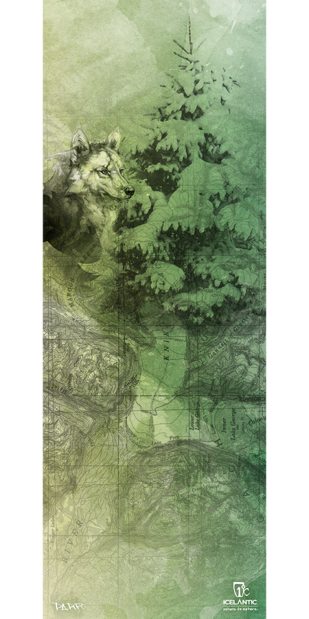 A watercolor-style illustration of a wolf beside a pine tree overlays a detailed topographic map in green and beige tones. The "16/17 Vanguard 107 Fine Art Print" by Icelantic is available as either a fine art or giclée print, bringing nature’s beauty to life. The Icelantic logo appears in the bottom right corner.