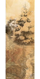 Experience the 16/17 Vanguard 97 Fine Art Print by Icelantic, featuring a detailed illustration of a wolf beside a snowy pine tree, seamlessly blending into a vintage-style map with labeled rivers and landscapes rendered in elegant sepia tones. This captivating scene is perfect as a fine art print or as a high-quality giclee on wrapped canvas, adding classic sophistication to any space.