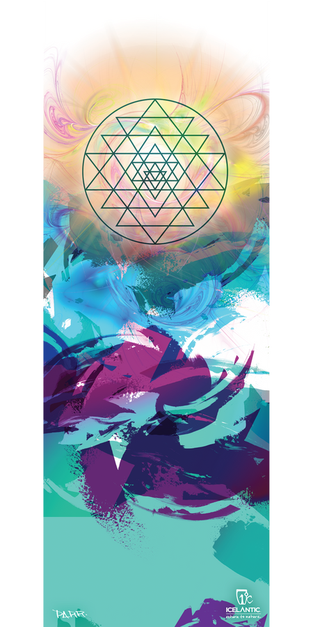 Experience the 17/18 Maiden 101 Fine Art Print by Icelantic, featuring abstract art with a geometric mandala in black lines at the top, radiating vibrant colors above swirling blue, teal, and purple brush strokes. Available as a giclee print or wrapped canvas fine art print. The Icelantic logo and text appear at the bottom right.