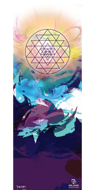 A geometric mandala of overlapping triangles radiates from a glowing sun above vibrant blue and purple abstract brushstrokes in the 17/18 Maiden 111 Fine Art Print by Icelantic. Perfect for art enthusiasts, this striking design is available as both giclee art prints and stretched canvas. The Icelantic and artist logos are featured at the bottom.