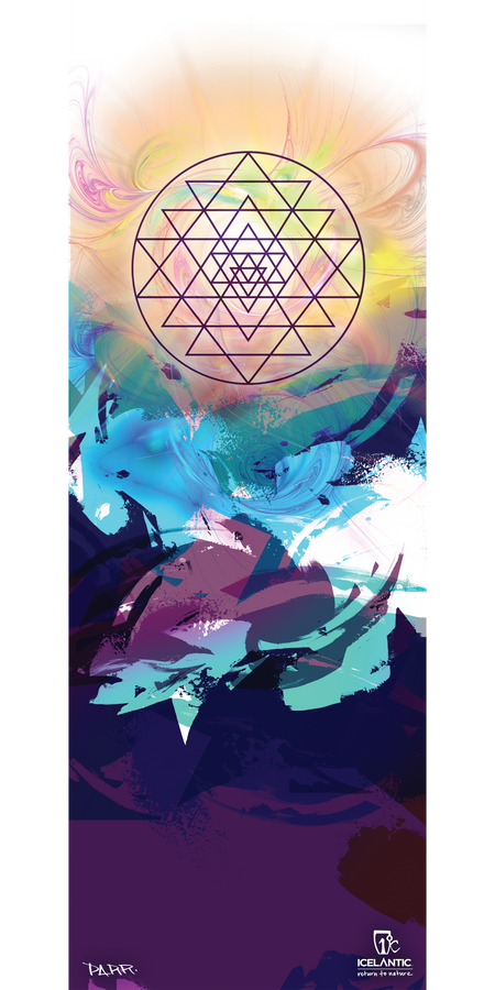 A geometric mandala of overlapping triangles radiates from a glowing sun above vibrant blue and purple abstract brushstrokes in the 17/18 Maiden 111 Fine Art Print by Icelantic. Perfect for art enthusiasts, this striking design is available as both giclee art prints and stretched canvas. The Icelantic and artist logos are featured at the bottom.